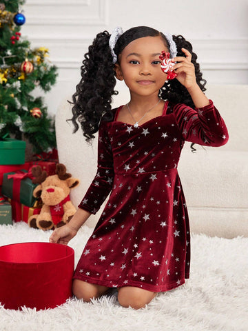 Young Girl 1pc Fashion & Cute Square Neck Flared Velvet Dress, A-Line Dress, Elegant Long Sleeve Cake Dress