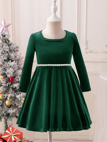 Young Girl 1pc Fashion & Cute Square Neck Flared Velvet Dress, A-Line Dress, Elegant Long Sleeve Cake Dress