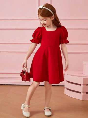 Young Girl 1pc Fashion & Cute Square Neck Puff Sleeve A-Line Dress ,Elegant Long Sleeve Cake Dress, For Birthday Party, Vacation