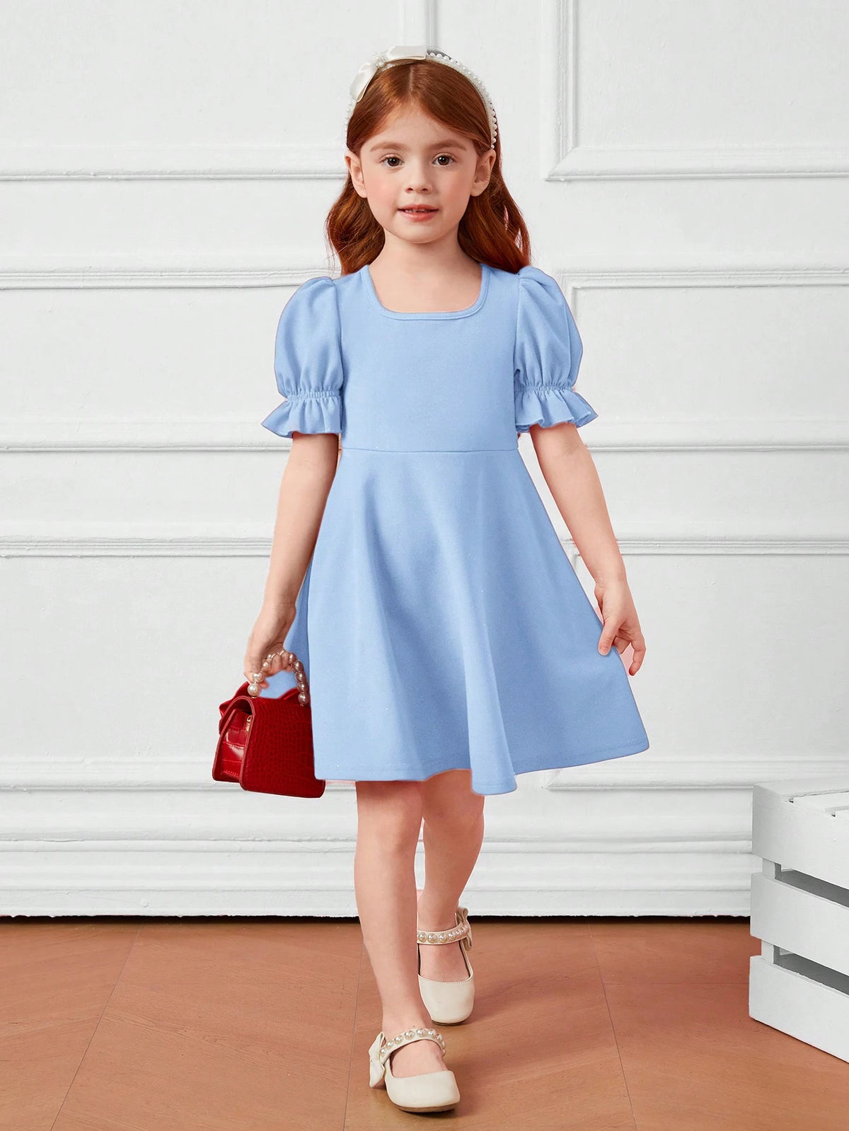 Young Girl 1pc Fashion & Cute Square Neck Puff Sleeve A-Line Dress ,Elegant Long Sleeve Cake Dress