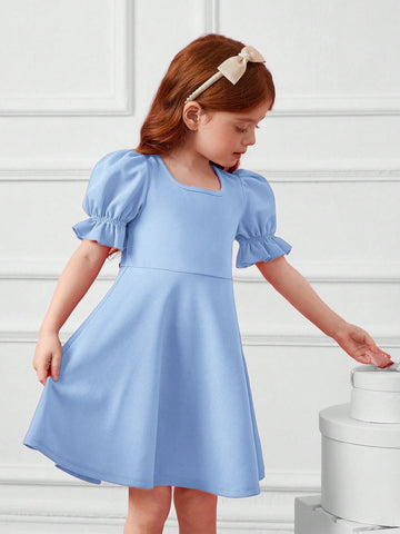 Young Girl 1pc Fashion & Cute Square Neck Puff Sleeve A-Line Dress ,Elegant Long Sleeve Cake Dress