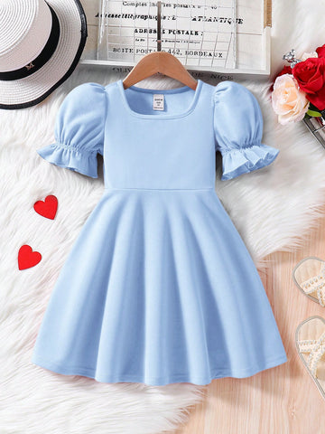 Young Girl 1pc Fashion & Cute Square Neck Puff Sleeve A-Line Dress ,Elegant Long Sleeve Cake Dress