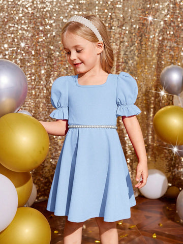 Young Girl 1pc Fashion & Cute Square Neck Puff Sleeve A-Line Dress ,Elegant Long Sleeve Cake Dress