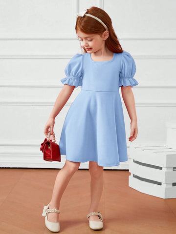 Young Girl 1pc Fashion & Cute Square Neck Puff Sleeve A-Line Dress ,Elegant Long Sleeve Cake Dress