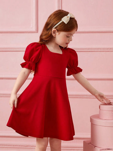 Young Girl 1pc Fashion & Cute Square Neck Puff Sleeve A-Line Dress ,Elegant Long Sleeve Cake Dress, For Birthday Party, Vacation