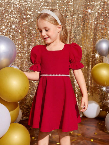 Young Girl 1pc Fashion & Cute Square Neck Puff Sleeve A-Line Dress ,Elegant Long Sleeve Cake Dress, For Birthday Party, Vacation