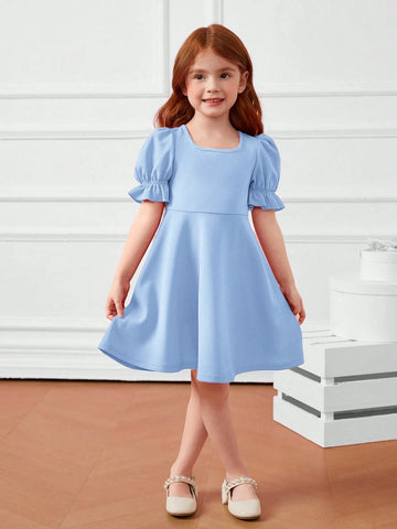 Young Girl 1pc Fashion & Cute Square Neck Puff Sleeve A-Line Dress ,Elegant Long Sleeve Cake Dress