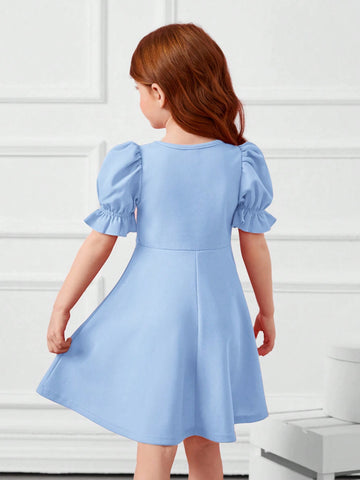 Young Girl 1pc Fashion & Cute Square Neck Puff Sleeve A-Line Dress ,Elegant Long Sleeve Cake Dress