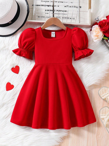 Young Girl 1pc Fashion & Cute Square Neck Puff Sleeve A-Line Dress ,Elegant Long Sleeve Cake Dress, For Birthday Party, Vacation