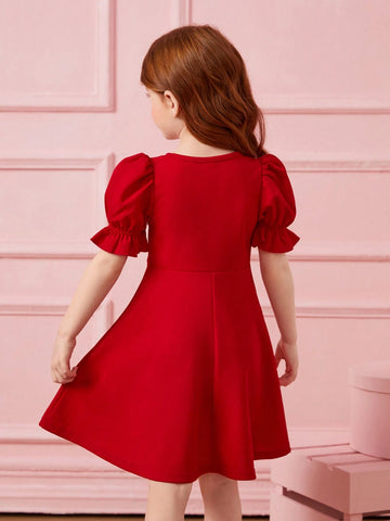 Young Girl 1pc Fashion & Cute Square Neck Puff Sleeve A-Line Dress ,Elegant Long Sleeve Cake Dress, For Birthday Party, Vacation