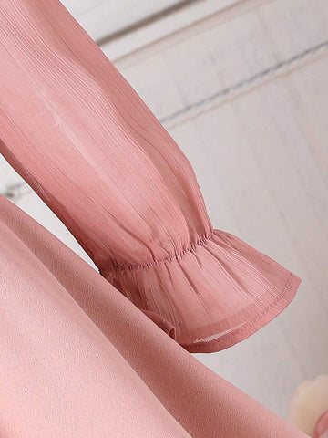 Young Girl 1pc Fashion & Cute & Minimalist Elegant Knit Patchwork Chiffon Long Sleeve Dress, Autumn