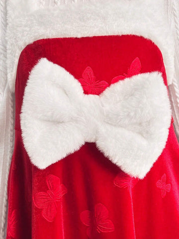 Young Girl 1pc Free Christmas Hat Fashion & Cute Velvet Dress, A-Line Dress, Elegant Cake Dress