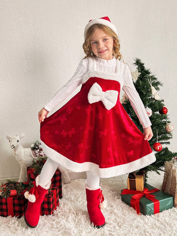 Young Girl 1pc Free Christmas Hat Fashion & Cute Velvet Dress, A-Line Dress, Elegant Cake Dress