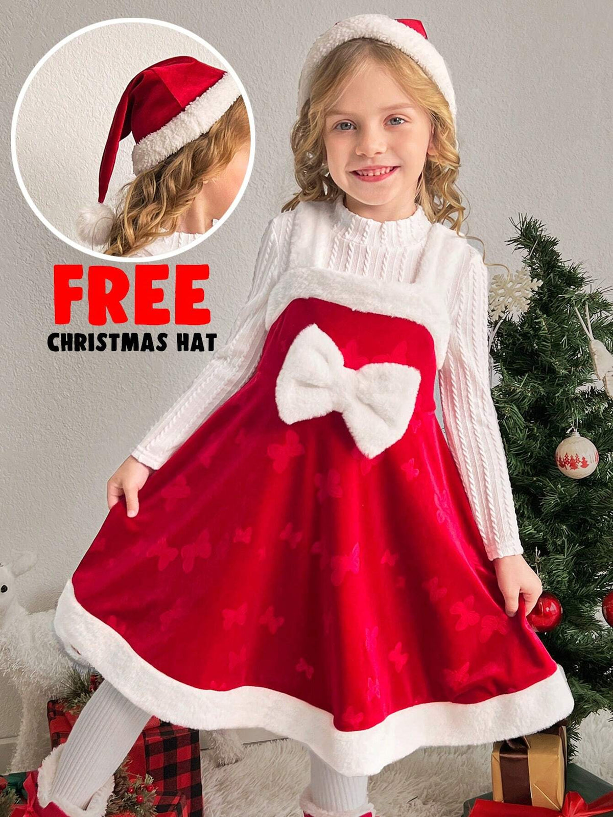 Young Girl 1pc Free Christmas Hat Fashion & Cute Velvet Dress, A-Line Dress, Elegant Cake Dress