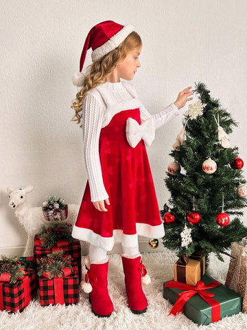 Young Girl 1pc Free Christmas Hat Fashion & Cute Velvet Dress, A-Line Dress, Elegant Cake Dress