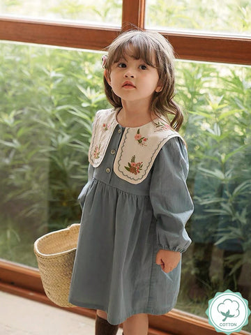 Young Girl 1pc Romantic French Style Embroidered Long Sleeve Dress With Turn-Down Collar For Spring