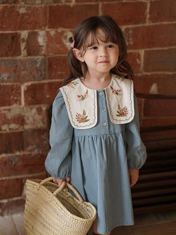 Young Girl 1pc Romantic French Style Embroidered Long Sleeve Dress With Turn-Down Collar For Spring
