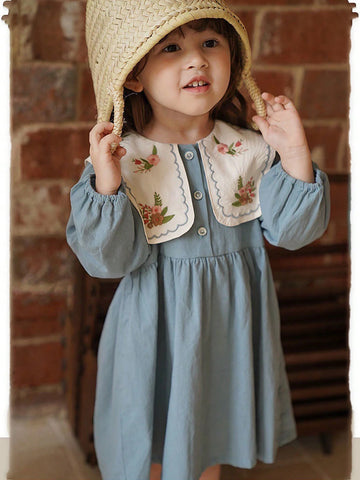 Young Girl 1pc Romantic French Style Embroidered Long Sleeve Dress With Turn-Down Collar For Spring