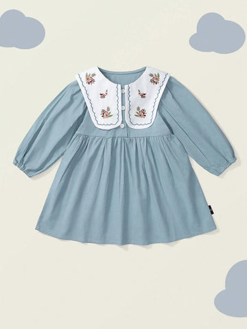 Young Girl 1pc Romantic French Style Embroidered Long Sleeve Dress With Turn-Down Collar For Spring