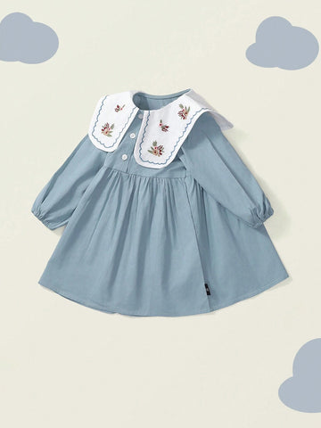 Young Girl 1pc Romantic French Style Embroidered Long Sleeve Dress With Turn-Down Collar For Spring