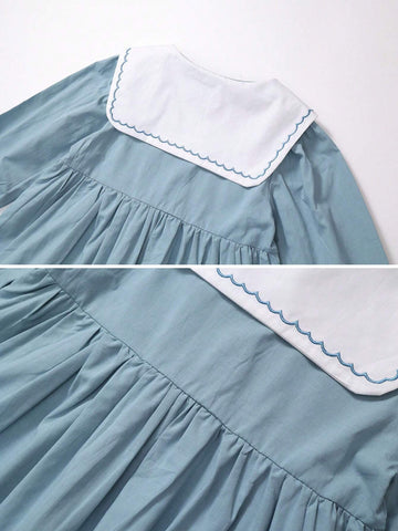 Young Girl 1pc Romantic French Style Embroidered Long Sleeve Dress With Turn-Down Collar For Spring