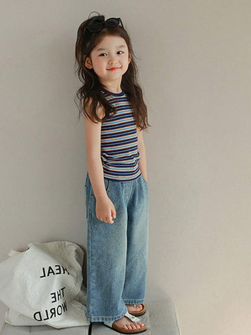 Young Girl 1pc Simple And Fashionable Soft Blue Wide Leg Straight Leg Jeans, High Waist Long Pants, Casual Holiday Children's Day Spring, Summer, And Autumn
