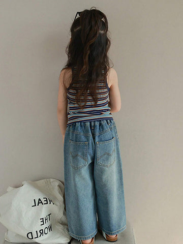 Young Girl 1pc Simple And Fashionable Soft Blue Wide Leg Straight Leg Jeans, High Waist Long Pants, Casual Holiday Children's Day Spring, Summer, And Autumn