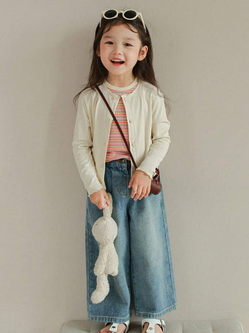 Young Girl 1pc Simple And Fashionable Soft Blue Wide Leg Straight Leg Jeans, High Waist Long Pants, Casual Holiday Children's Day Spring, Summer, And Autumn