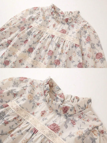 Young Girl 1pc Sweet French Style Floral Doll Shirt Top For Spring