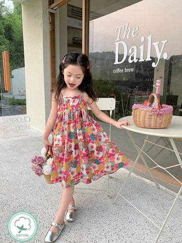 Young Girl 1pc Sweet Style Floral Print Slip Dress For Summer
