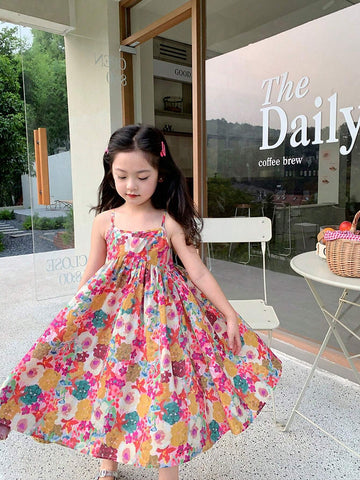 Young Girl 1pc Sweet Style Floral Print Slip Dress For Summer
