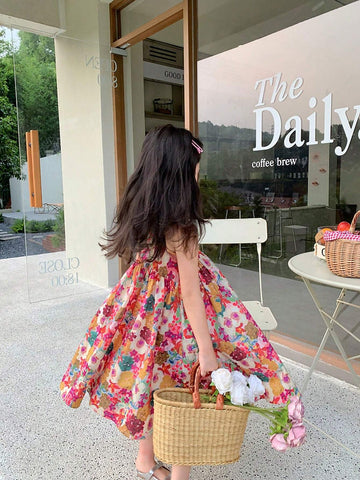 Young Girl 1pc Sweet Style Floral Print Slip Dress For Summer