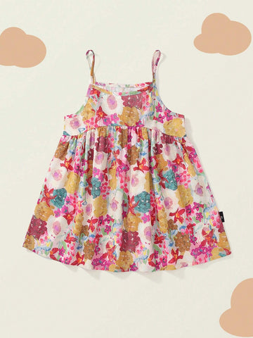 Young Girl 1pc Sweet Style Floral Print Slip Dress For Summer