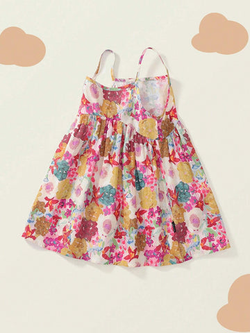 Young Girl 1pc Sweet Style Floral Print Slip Dress For Summer