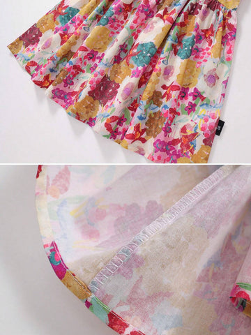 Young Girl 1pc Sweet Style Floral Print Slip Dress For Summer