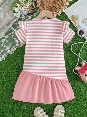 Young Girl 2-7 Years Elegant Bow Rabbit Embroidered Striped Patchwork A-Line Dress