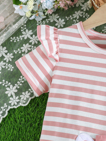 Young Girl 2-7 Years Elegant Bow Rabbit Embroidered Striped Patchwork A-Line Dress