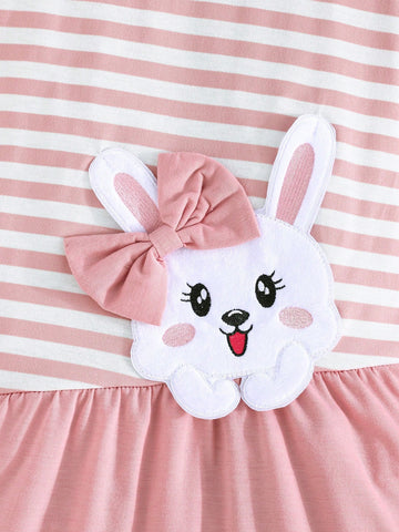 Young Girl 2-7 Years Elegant Bow Rabbit Embroidered Striped Patchwork A-Line Dress