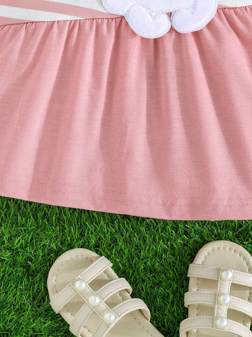 Young Girl 2-7 Years Elegant Bow Rabbit Embroidered Striped Patchwork A-Line Dress