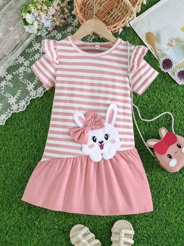 Young Girl 2-7 Years Elegant Bow Rabbit Embroidered Striped Patchwork A-Line Dress