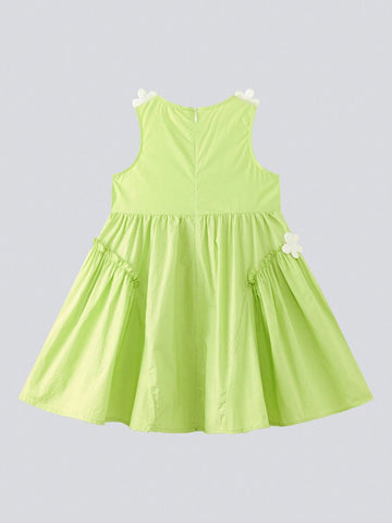 Young Girl 2024 New Summer Sleeveless Dress With Floral Decoration