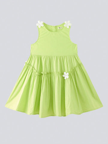 Young Girl 2024 New Summer Sleeveless Dress With Floral Decoration