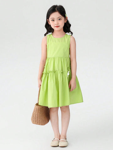 Young Girl 2024 New Summer Sleeveless Dress With Floral Decoration