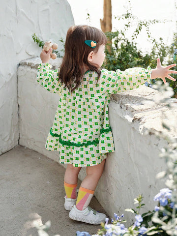 Young Girl 2024 Spring New Fresh & Cute Floral Print Long Sleeve Dress