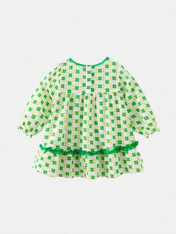 Young Girl 2024 Spring New Fresh & Cute Floral Print Long Sleeve Dress