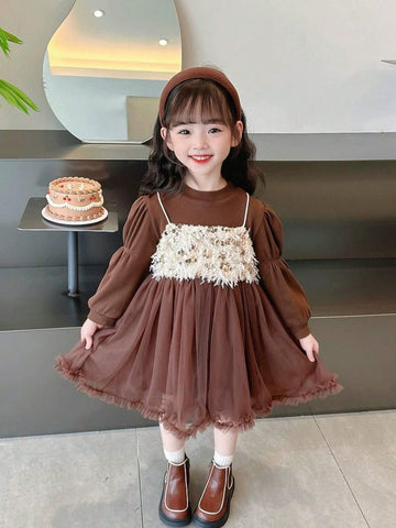 Young Girl 2 In 1 Sequin Splice Net Tulle Princess Dress, Spring/Autumn