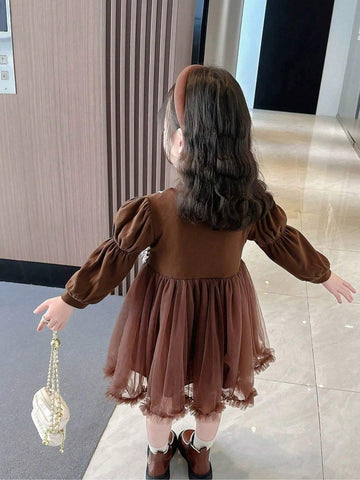 Young Girl 2 In 1 Sequin Splice Net Tulle Princess Dress, Spring/Autumn