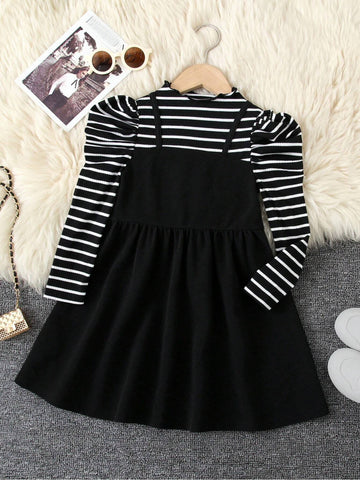 Young Girl 2 In 1 Striped Patchwork Knitted Solid Color Lettuce Trim Gigot Sleeve Long Sleeve Stand Collar Dress,Great For Casual & Daily Wear & School Daily In Summer & Autumn