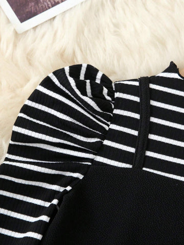 Young Girl 2 In 1 Striped Patchwork Knitted Solid Color Lettuce Trim Gigot Sleeve Long Sleeve Stand Collar Dress,Great For Casual & Daily Wear & School Daily In Summer & Autumn
