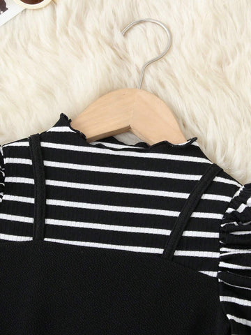 Young Girl 2 In 1 Striped Patchwork Knitted Solid Color Lettuce Trim Gigot Sleeve Long Sleeve Stand Collar Dress,Great For Casual & Daily Wear & School Daily In Summer & Autumn